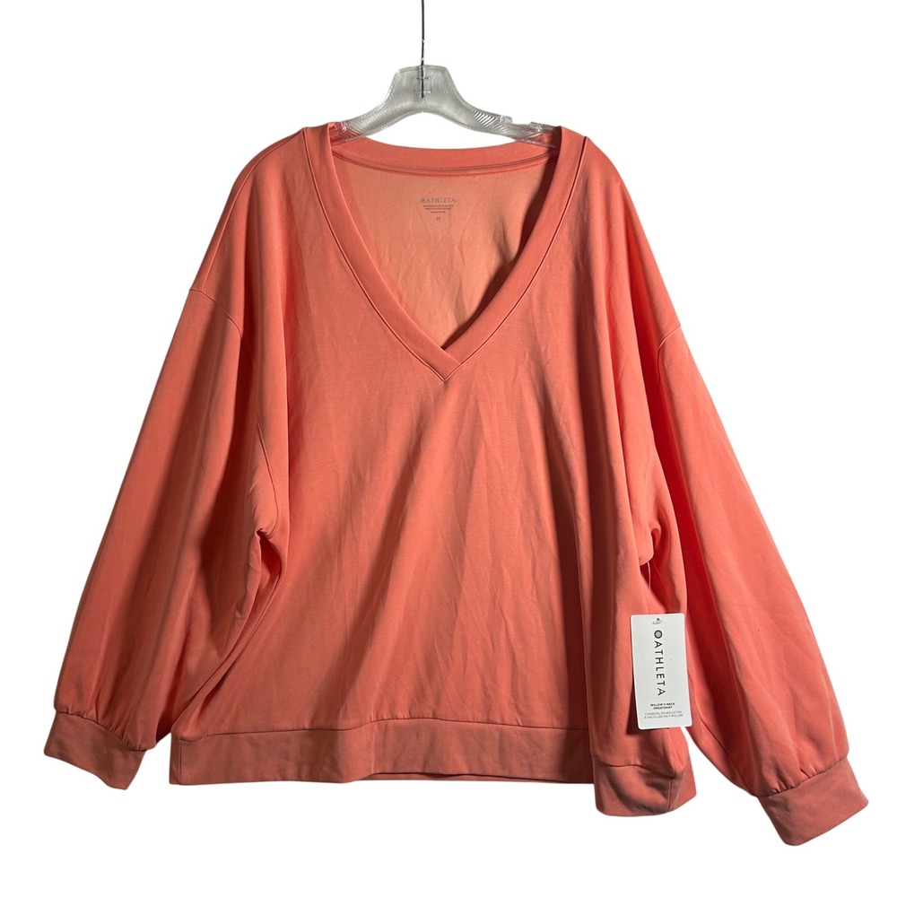 Athleta Willow V Neck Sweatshirt Coral Peachy‎ Pink Relaxed Fit Long Sleeve 2X